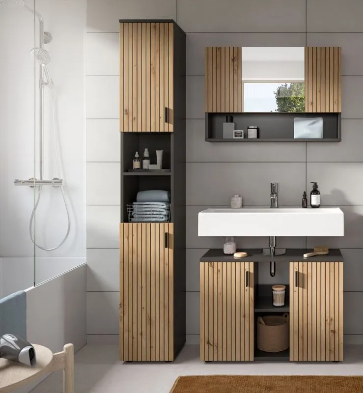 Bad Set Mone | 3-teilig | Basalt grau / Artisan Oak ohne Aufsatzleuchte