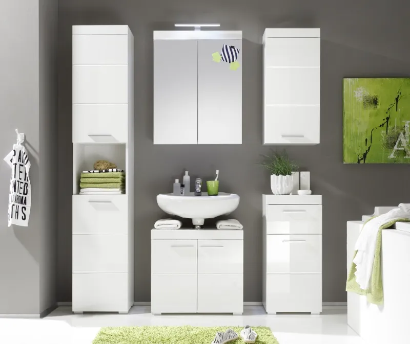 Badezimmer-Set Amanda | weiß Hochglanz | 5-teilig mit Aufsatzleuchte