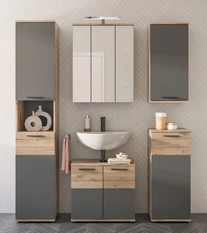Badezimmer-Set Mason | Nox Oak / Basalt grau | 5-teilig ohne Aufsatzleuchte