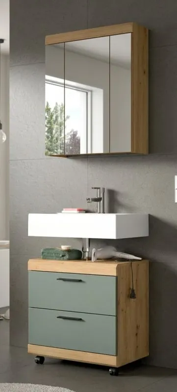 Badezimmer-Set Scout 6 auf Rollen | Salbei / Artisan Eiche | 2-teilig mit Aufsatzleuchte