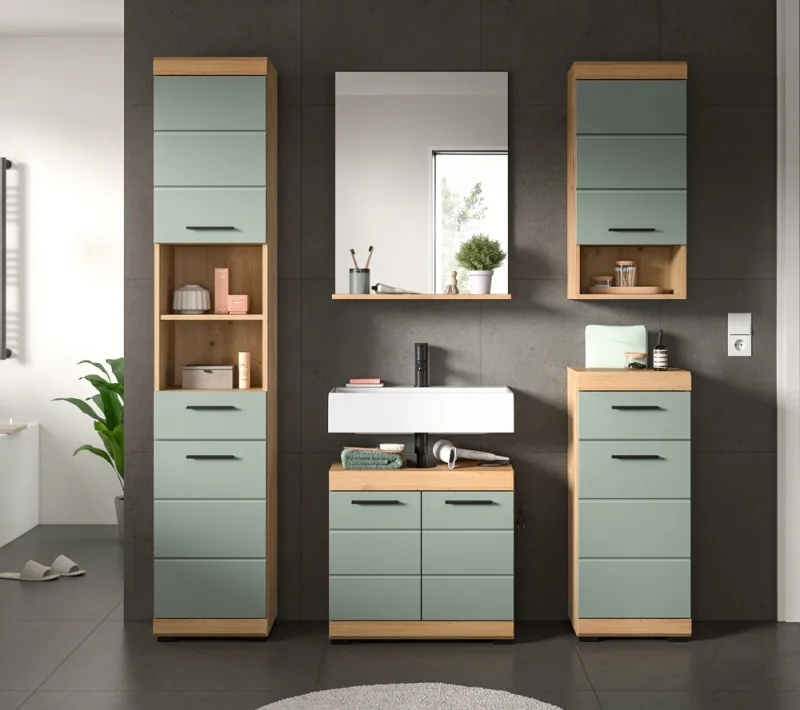 Badezimmer-Set Scout | Salbei / Artisan Eiche | 5-teilig | mit Aufsatzleuchte