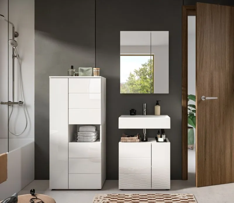Badezimmer-Set Vira | 3-teilig | weiß / weiß Hochglanz | mit Aufzatzleuchte