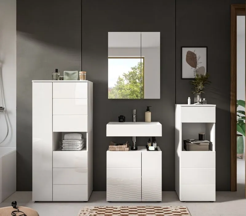 Badezimmer-Set Vira | 4-teilig | weiß / weiß Hochglanz | optional LED Beleuchtung