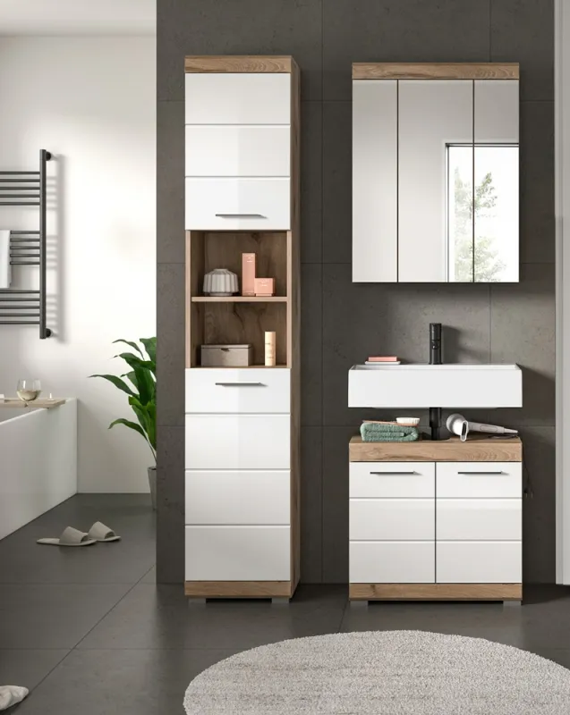 Badezimmer-Set Wave | weiß Hochglanz / Nox Oak | 3-teilig | ohne Aufsatzleuchte