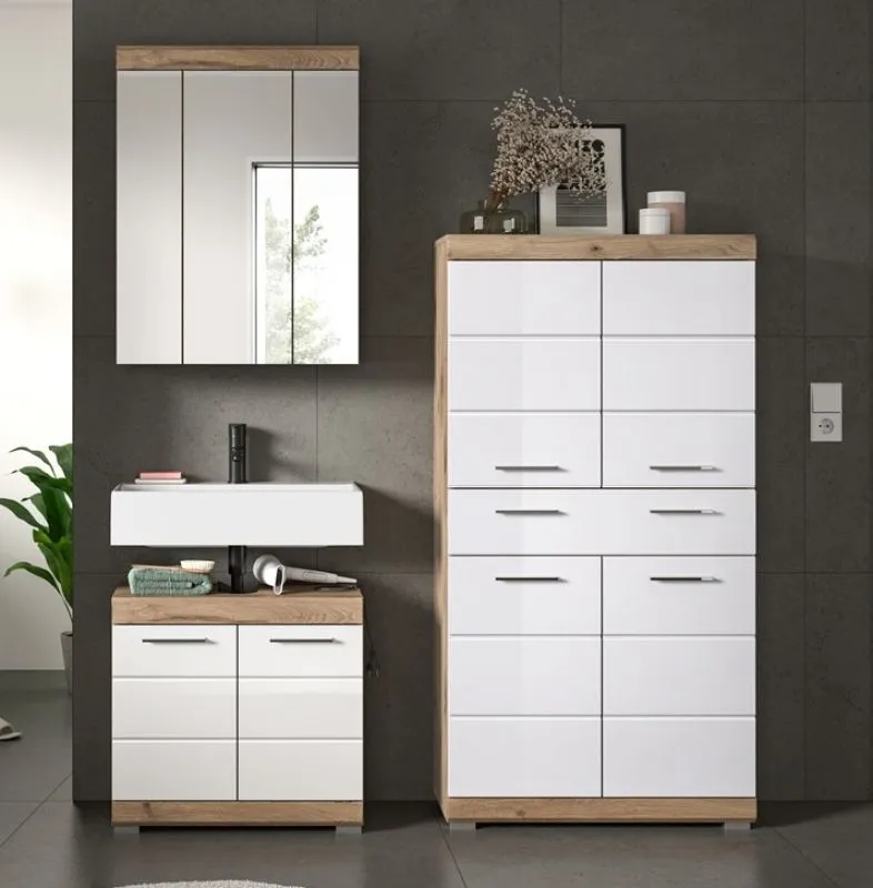 Badezimmer-Set Wave 2 | weiß Hochglanz / Nox Oak | 3-teilig | optional Beleuchtung