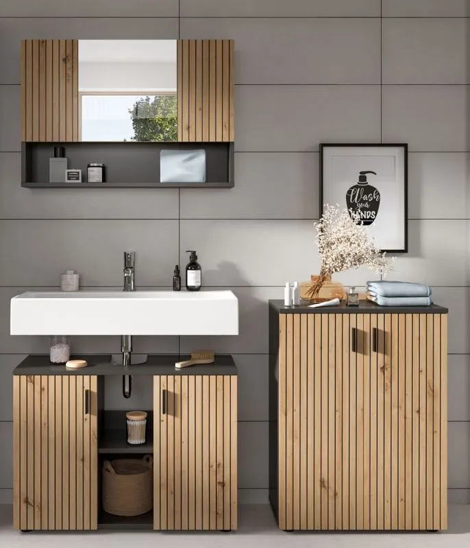 Badkombination Mone 1 | 3-teilig | Basalt grau / Artisan Oak ohne Aufsatzleuchte
