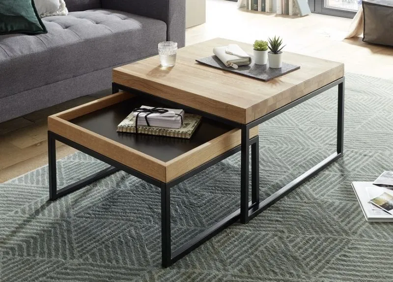 Couchtisch Set Lubao | 2-teilig | Eiche massiv | 57/65 | Eichefarben / schwarz