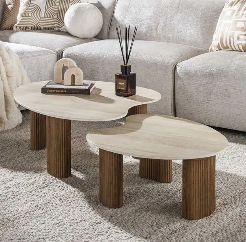 Couchtisch Set Sienna | 2-teilig | 3D Keramik | Travertinoptik