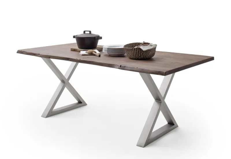 Esstisch Calabria | Akazie massiv | X-Gestell Edelstahl | walnuss | 180 x 100-Tischplatte 3,5 cm
