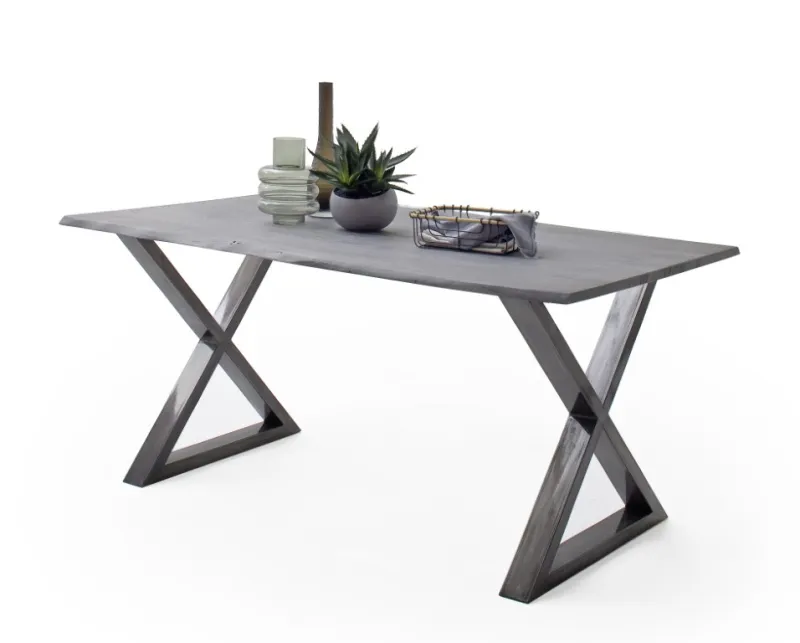 Esstisch Calabria | Akazie massiv | X-Gestell | grau / antik gewischt | 160 x 90-Tischplatte 2,5 cm