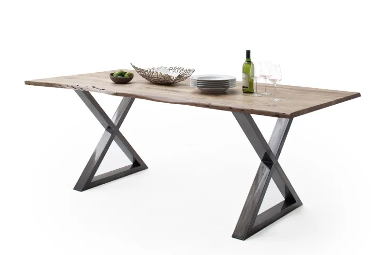 Esstisch Calabria | Akazie massiv | X-Gestell | natur / antik gewischt | 180 x 90-Tischplatte 2,5 cm