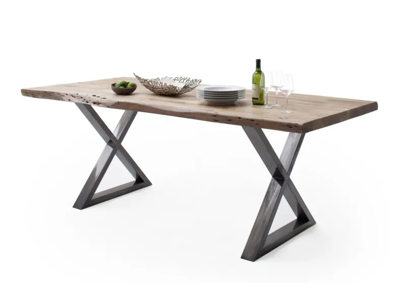 Esstisch Calabria | Akazie massiv | X-Gestell | natur / antik gewischt | 220 x 100 -Tischplatte 5,5 cm