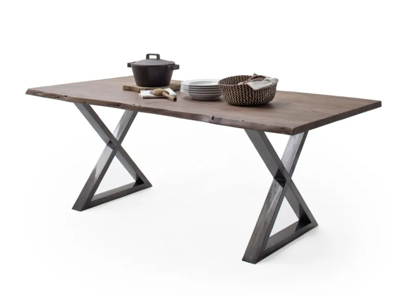 Esstisch Calabria | Akazie massiv | X-Gestell | walnuss / antik gewischt | 180 x 100-Tischplatte 3,5 cm
