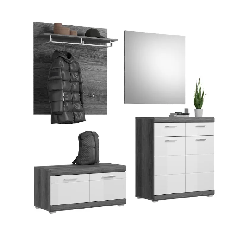 Garderoben-Set Scout | weiß Hochglanz / rauchsilber | 4-teilig mit Sitzkissen