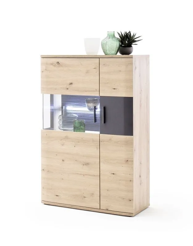 Highboard Cortona 2 | Balkeneiche / anthrazit | mit 1er Set LED Rückwandbeleuchtung 45 cm