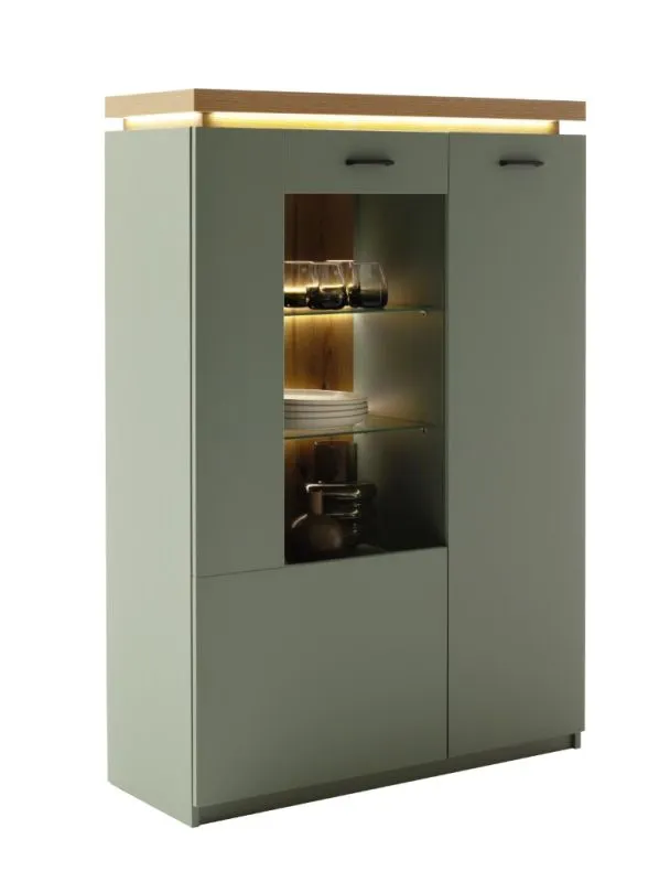 Highboard Moniz 1 | Salbei grün / Eiche Evoke | LED Beleuchtung