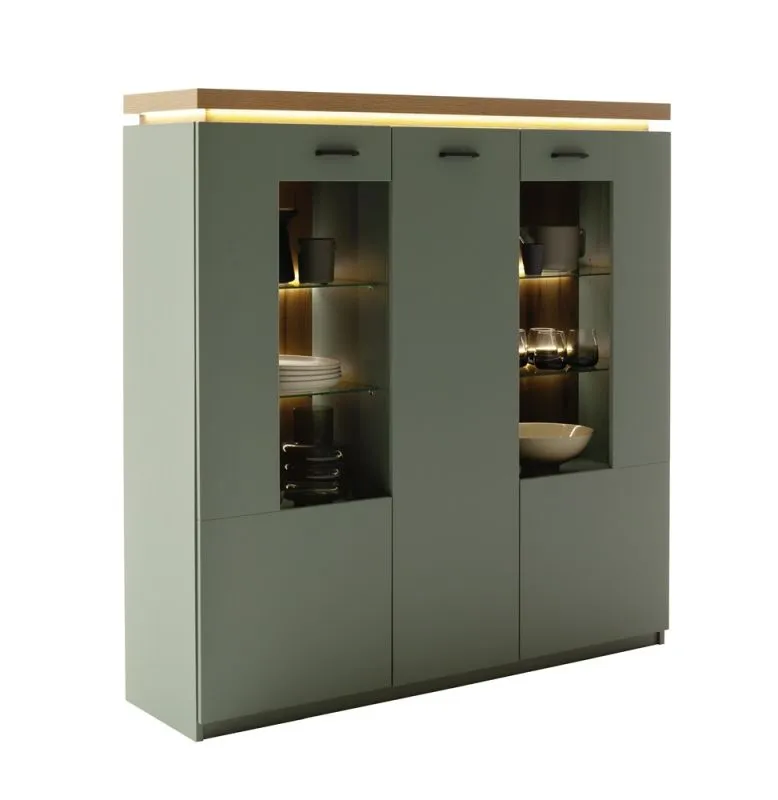Highboard Moniz | Salbei grün / Eiche Evoke | mit LED Beleuchtung