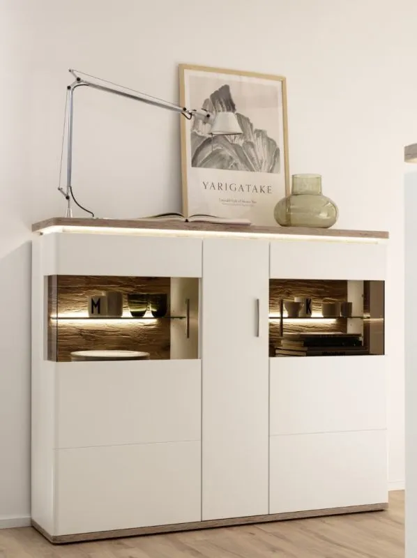 Highboard Palermo | Soft white / Viking Oak | mit Beleuchtung