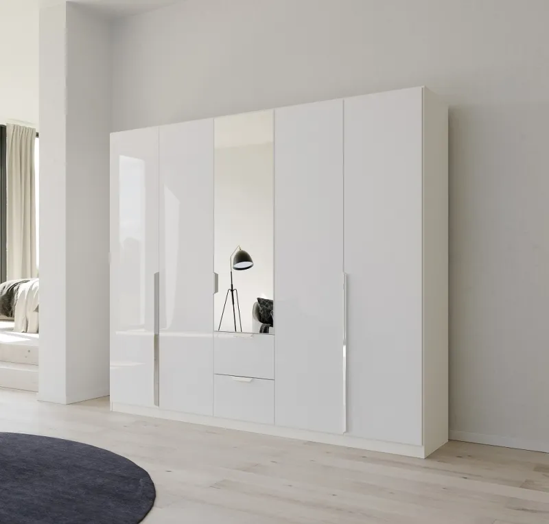 Kleiderschrank Drehtürenschrank Glamour | 5-türig | mit Spiegeltüren & Schubkästen | weiß Hochglanz / alpinweiß | 226x210
