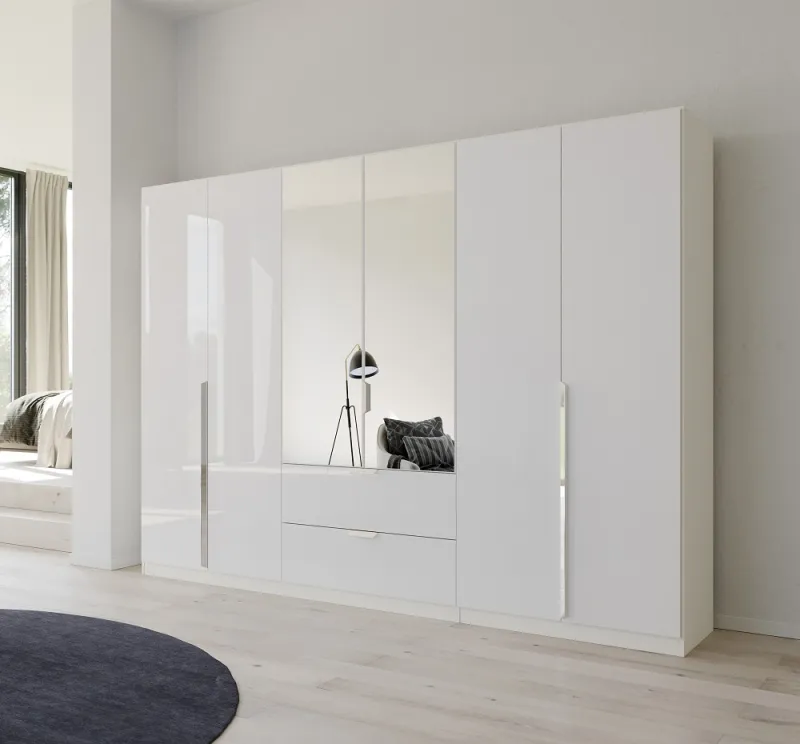 Kleiderschrank Drehtürenschrank Glamour | 6-türig | mit Spiegeltüren & Schubkästen | weiß Hochglanz / alpinweiß | 271x210