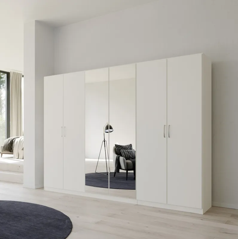 Kleiderschrank Drehtürenschrank Glamour | 6-türig | mit Spiegeltüren | weiß Hochglanz / alpinweiß | 271x210