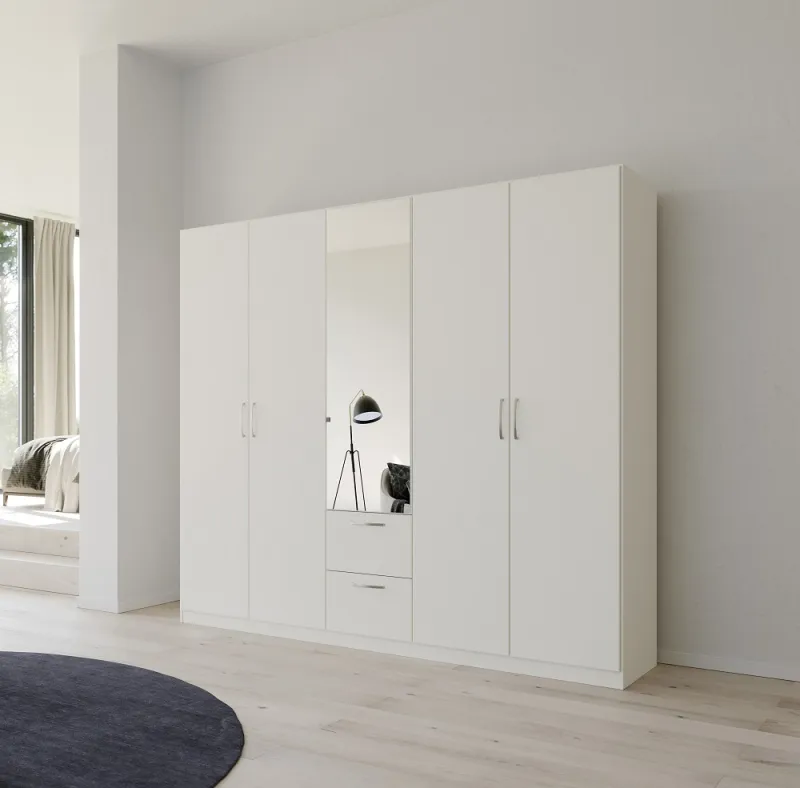 Kleiderschrank Drehtürenschrank Quadra-Spin | 5-türig | mit Spiegeltüren & Schubkästen | alpinweiß | 226x210 | Griff Pure