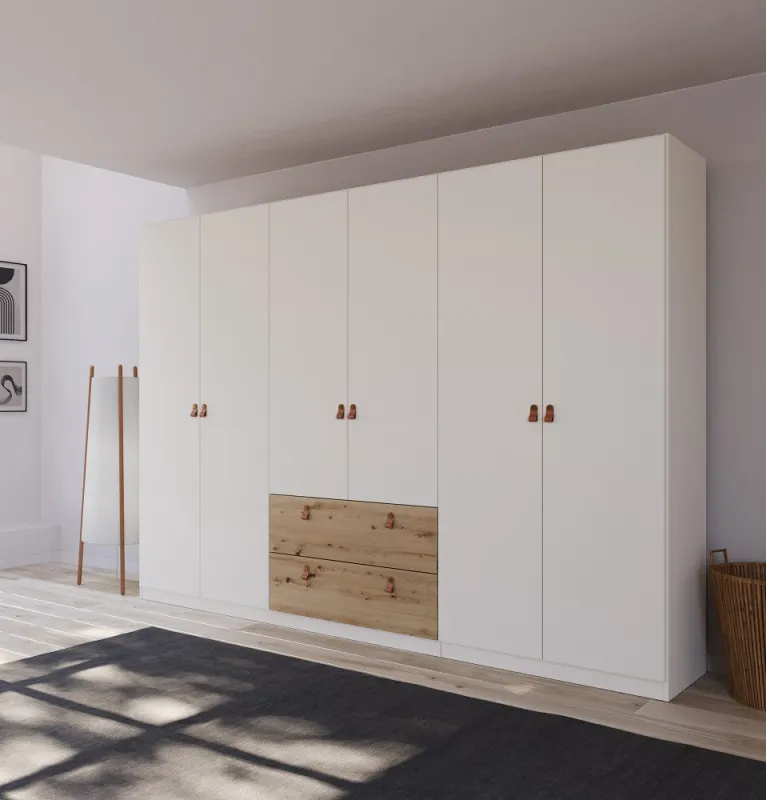 Kleiderschrank Drehtürenschrank Quadra-Spin | 6-türig | mit Schubkästen | alpinweiß / Eiche Artisan | 271x210 | Griff Homey