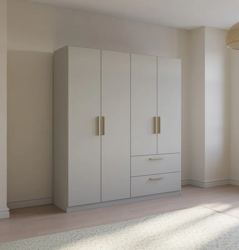 Kleiderschrank Drehtürenschrank Skandi | 4-türig | mit Schubkästen | seidengrau | 181x210