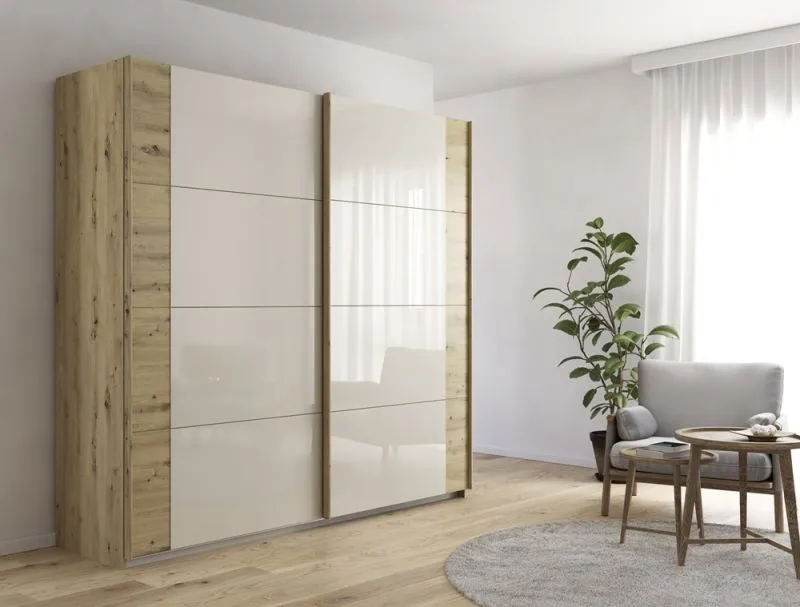 Kleiderschrank Schwebetürenschrank Artemis | mit Glastüren | Eiche Artisan / champagner | verschiedene Größen