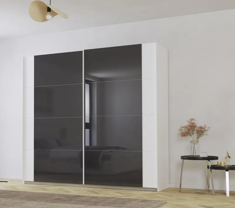 Schwebetürenschrank Artemis | mit Glastüren | alpinweiß / basalt grau | 226 x 210 x 62 cm
