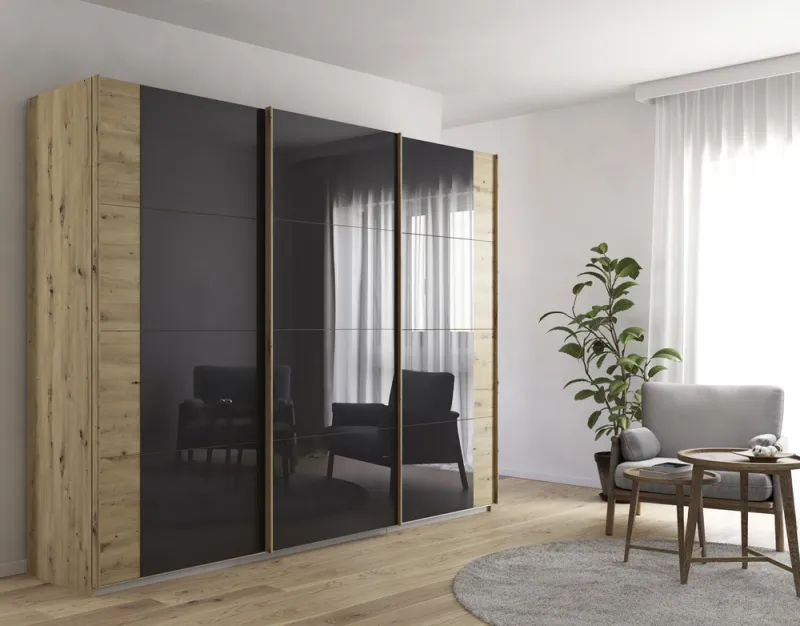 Schwebetürenschrank Artemis | mit Glastüren | Eiche Artisan / basalt grau | 271 x 210 x 62 cm