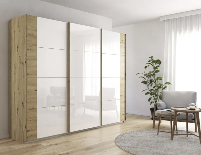 Schwebetürenschrank Artemis | mit Glastüren | Eiche Artisan / weiß | 271 x 210 x 62 cm