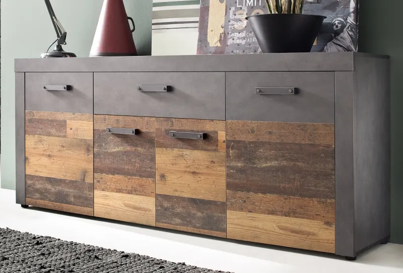 Sideboard Kommode Indy | Old Used Wood / Matera grau | 178x77 cm | Shabby Look