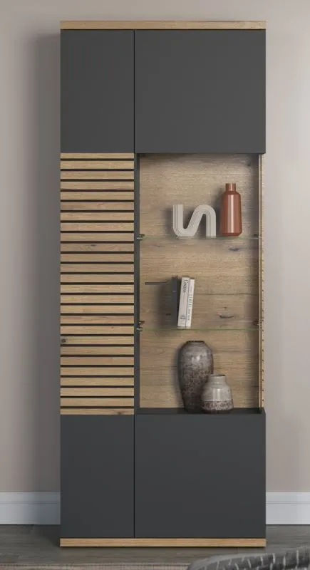 Vitrine Hochschrank Norris | grau / Coast Evoke Oak | 80 cm x 205 cm x 37 cm 2er Set Glasbodenclips