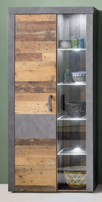 Vitrine Vitrinenschrank Indy | Old Used Wood / Matera grau | inkl. LED Beleuchtung | Shabby Look