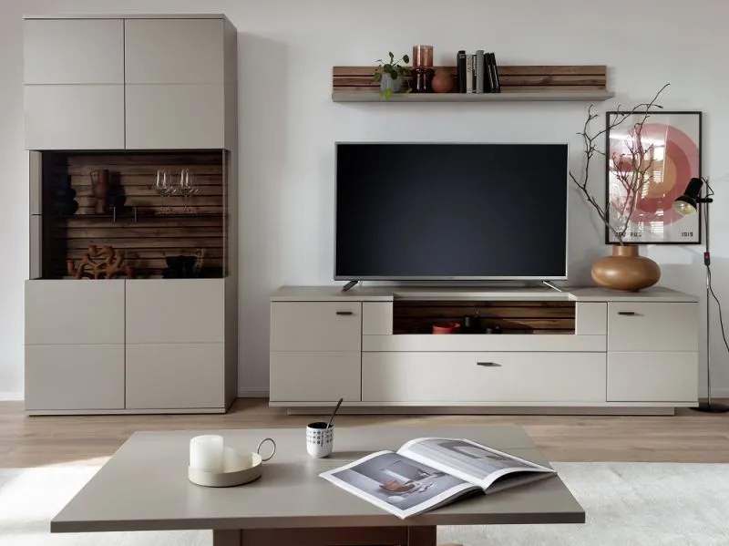 Wohnkombination Lüttich 3 | Basalt / Wotan Eiche | 3-teilig | TV-Board & Wandboard mit Bandbeleuchtung