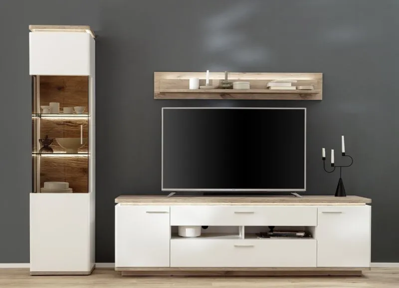 Wohnkombination Palermo 2 | Soft white / Viking Oak | 3-teilig | ohne Beleuchtung
