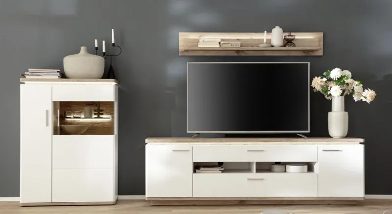 Wohnkombination Palermo 3 | Soft white / Viking Oak | 3-teilig | mit 45 cm Beleuchtung