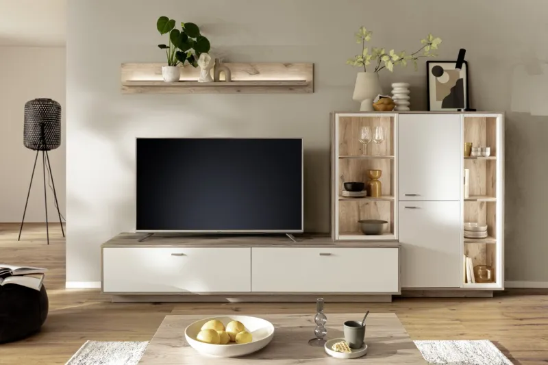 Wohnkombination Santerno 2 | Soft white / Viking Oak | 3-teilig | mit 135 cm Beleuchtung