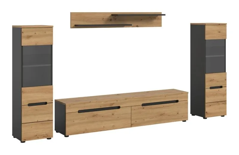 Wohnwand Anbauwand Canu | 3-teilig | Artisan / Basalt Grau | mit Beleuchtung