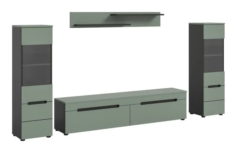 Wohnwand Anbauwand Canu | 3-teilig | Smoke Green / Basalt Grau | mit Beleuchtung