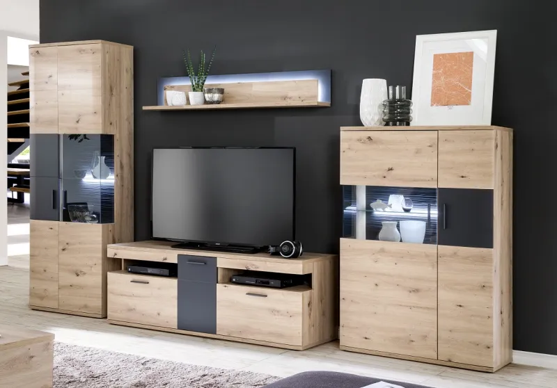 Wohnwand Anbauwand Cortona | Balkeneiche / anthrazit | 4-teilig