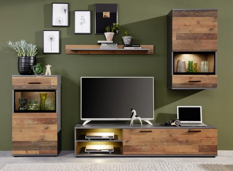 Wohnwand Anbauwand Mango | Old Used Wood / Matera grau | 4-teilig
