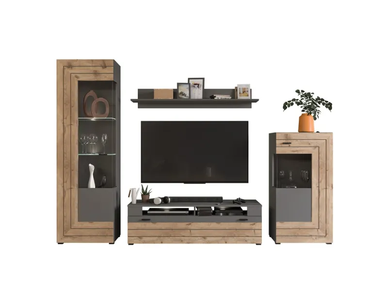 Wohnwand Freno | grau matt / Nox Oak | 4-teilig