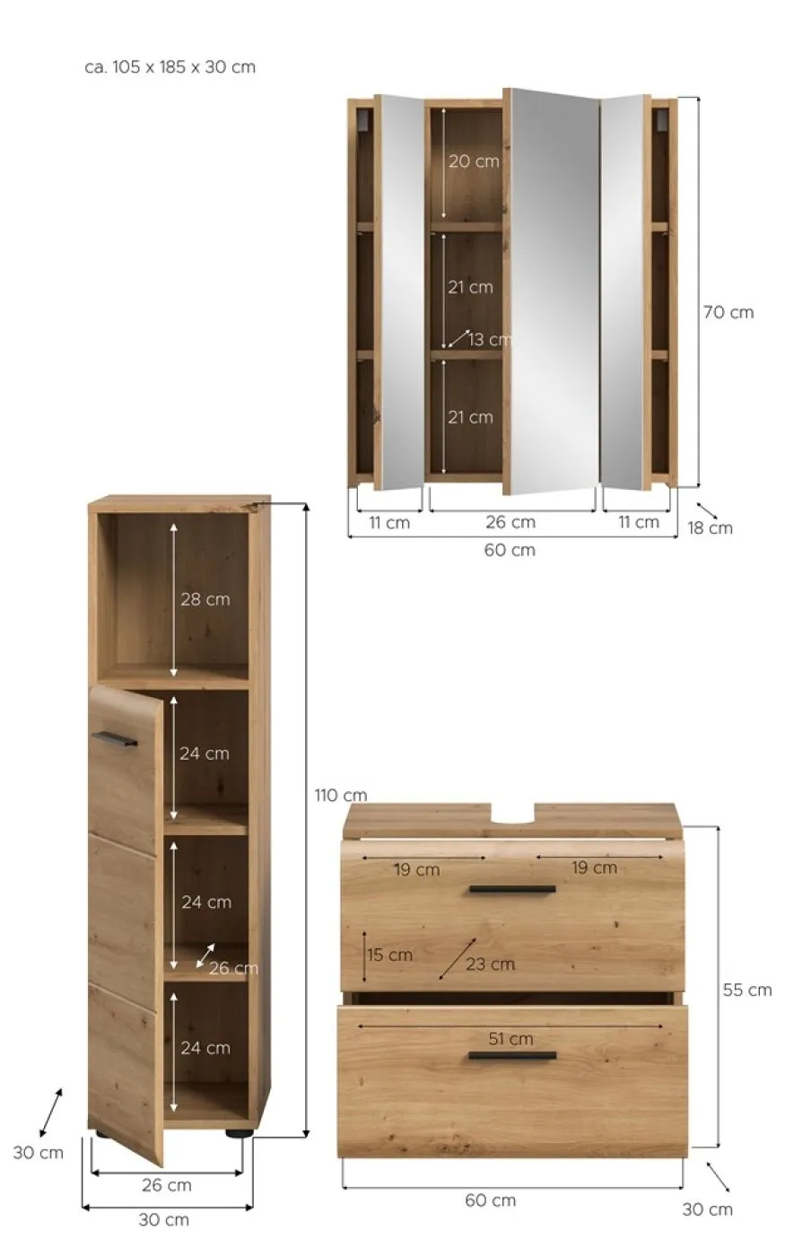 Bad Set Ice 2 | 3-teilig | Artisan Oak mit Badaufsatzleuchte