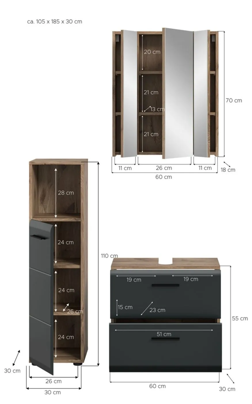 Bad Set Ice 2 | 3-teilig | Nox Oak / schwarz matt