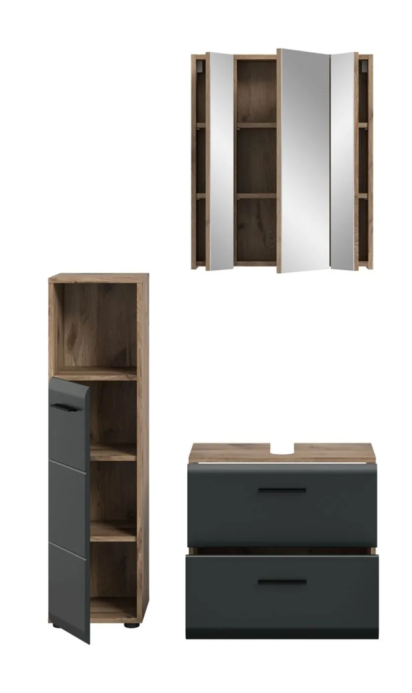 Bad Set Ice 2 | 3-teilig | Nox Oak / schwarz matt mit Badaufsatzleuchte