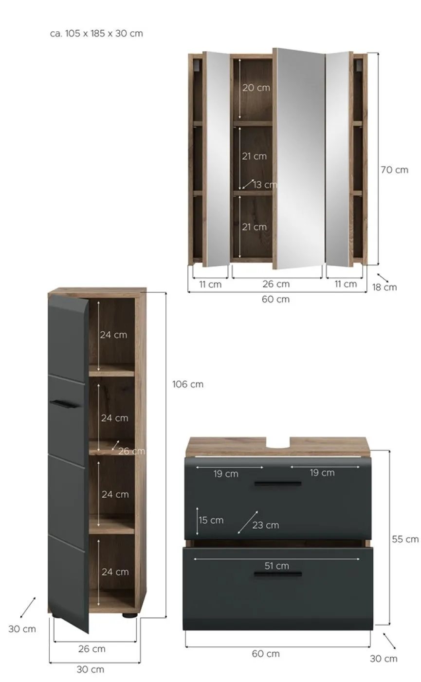 Bad Set Ice 3 | 3-teilig | Nox Oak / schwarz matt