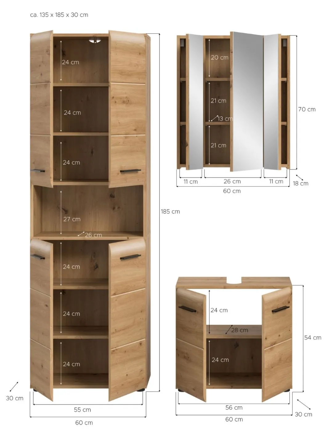 Bad Set Ice | 3-teilig | Artisan Oak mit Badaufsatzleuchte
