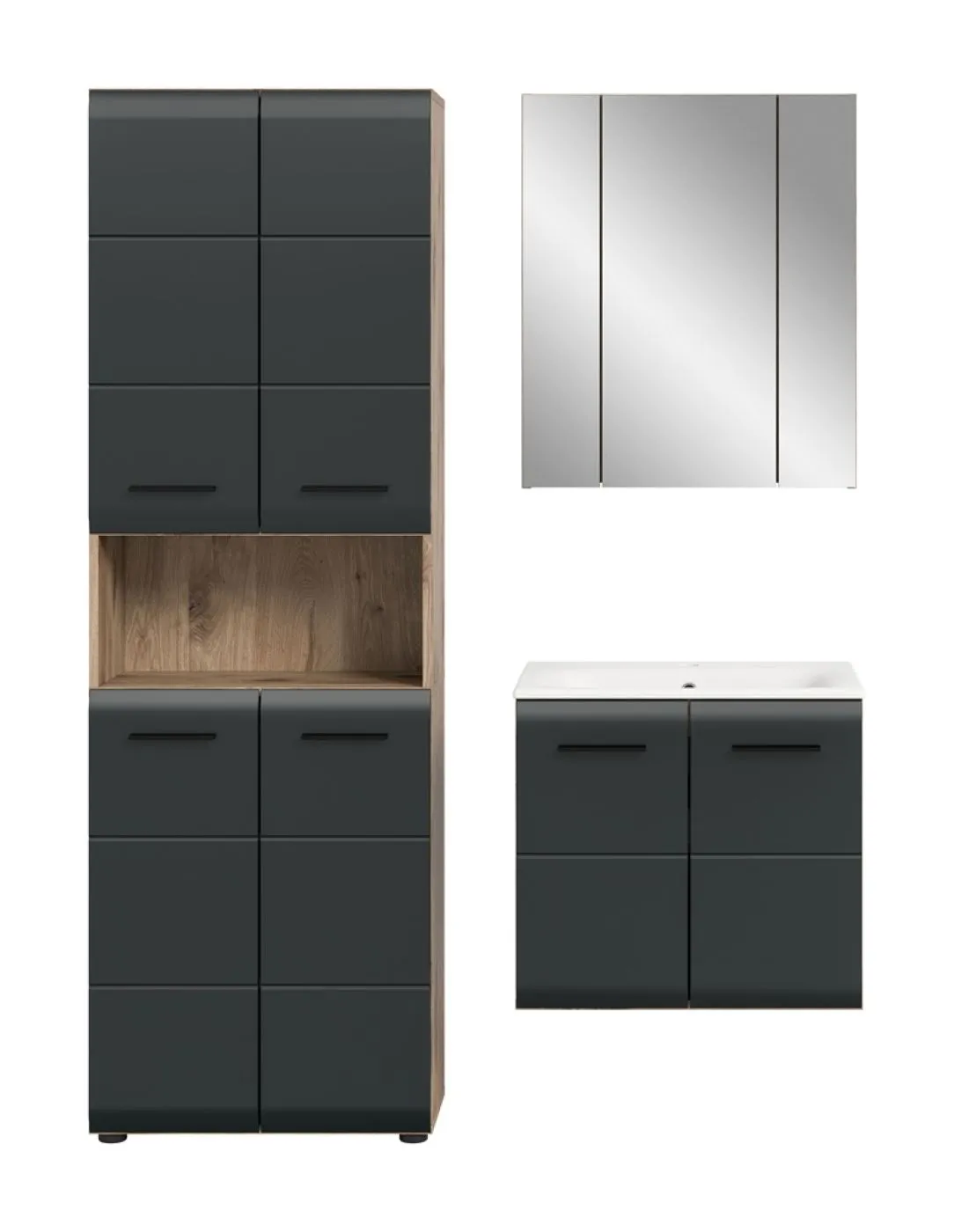 Bad Set Ice 6 | 3-teilig | Nox Oak / schwarz matt mit Badaufsatzleuchte